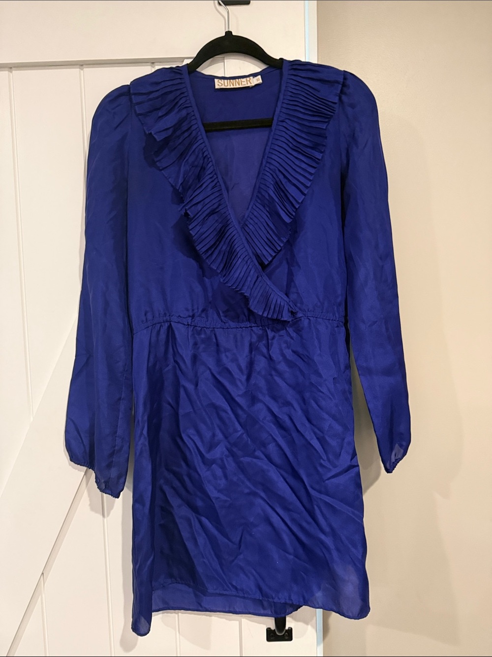 Royal Blue Pleated V-Neck Long Sleeve Dress